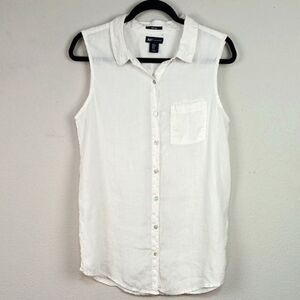 JNY Women 100% Linen Button Down  Sleeveless White Top sz L